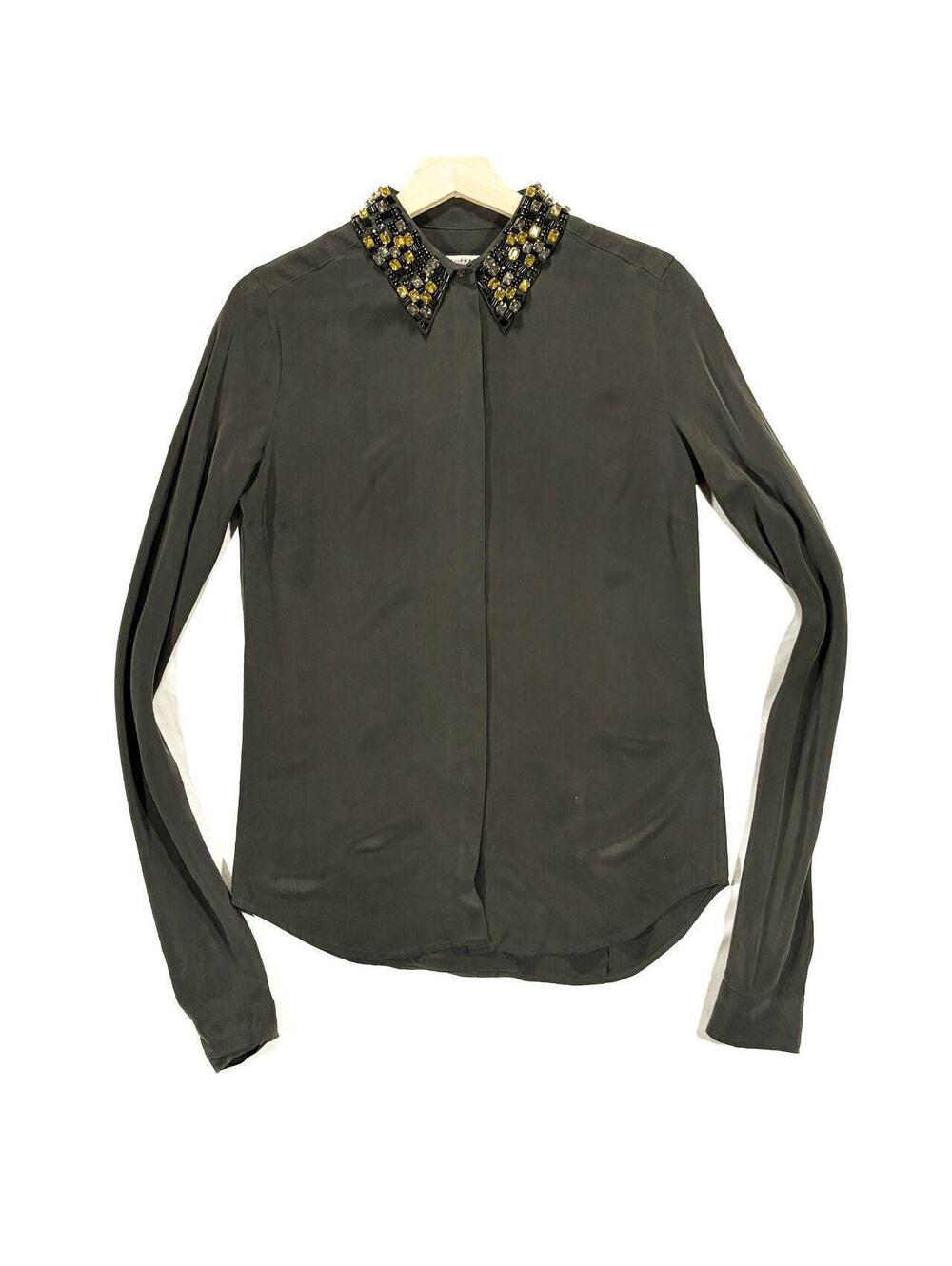 Silk Button Up Top Beaded Gem Collar Blouse Grey Yellow
